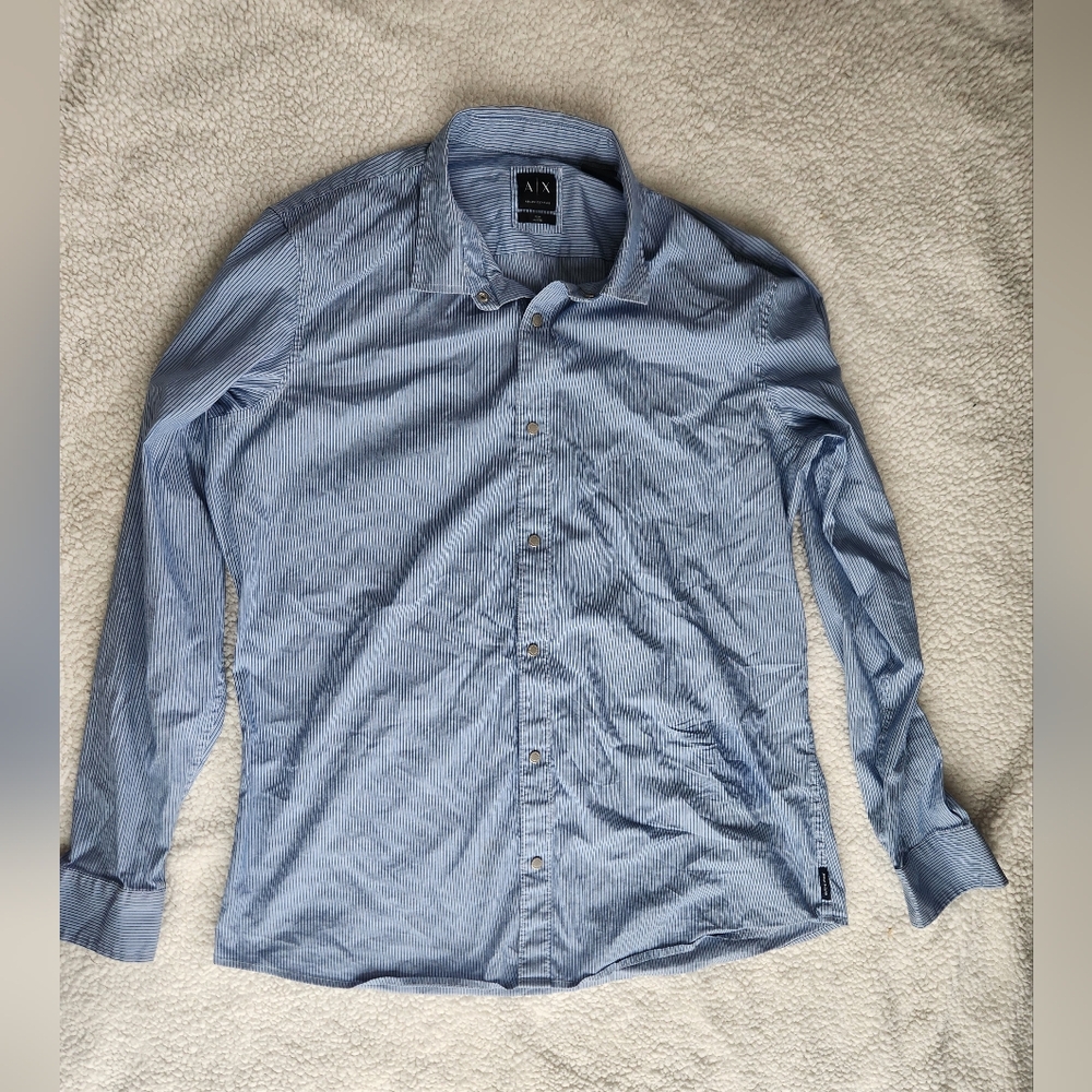 Armani Exchange Slim XXL Men's Blue Snap Button, Striped Shirt